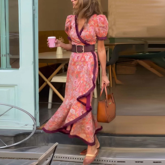Van Elst Mode® | Elegante Roze Maxi Dress met Korte Mouwen