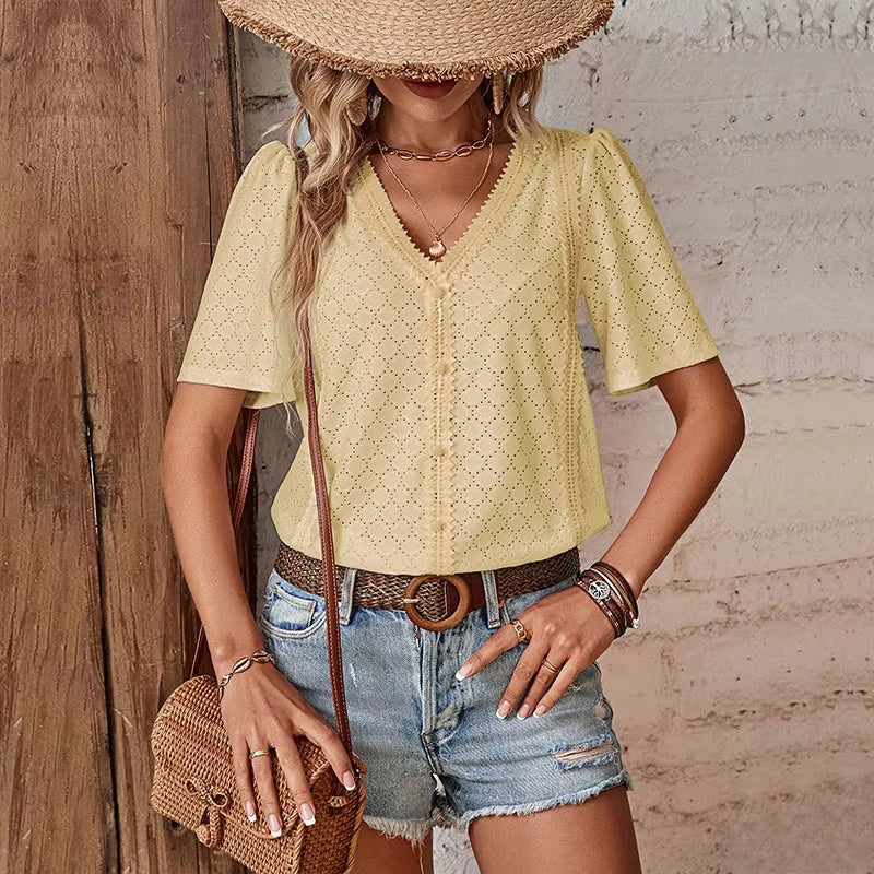 Van Elst Mode® | KORTE MOUW BLOUSE MET V-HALS