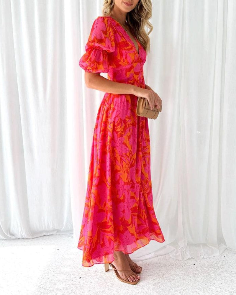 Van Elst Mode® | Elegante V-hals Maxi jurk met pofmouwen