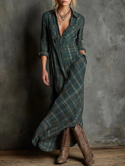 Van Elst Mode® | Lange jurk met groene geruite revers